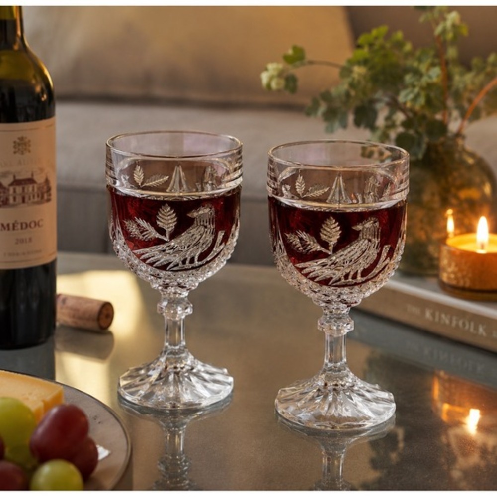 Amaris Bird Collection Cranberry Red Cut‎ Clear Lead Crystal Wine Glasses 29-07